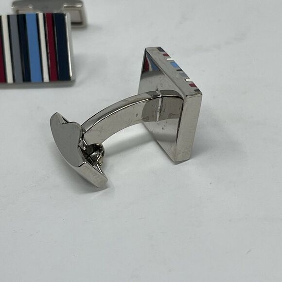 TR Cufflinks Mens Silvertone Stripe Blue Gray Red White Square In-Box - Picture 5 of 8